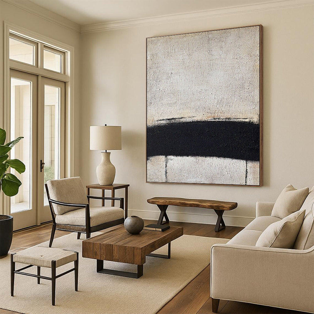 Minimalist Black and White Horizontal Line Abstract Painting for Monochrome Bedrooms HENG353