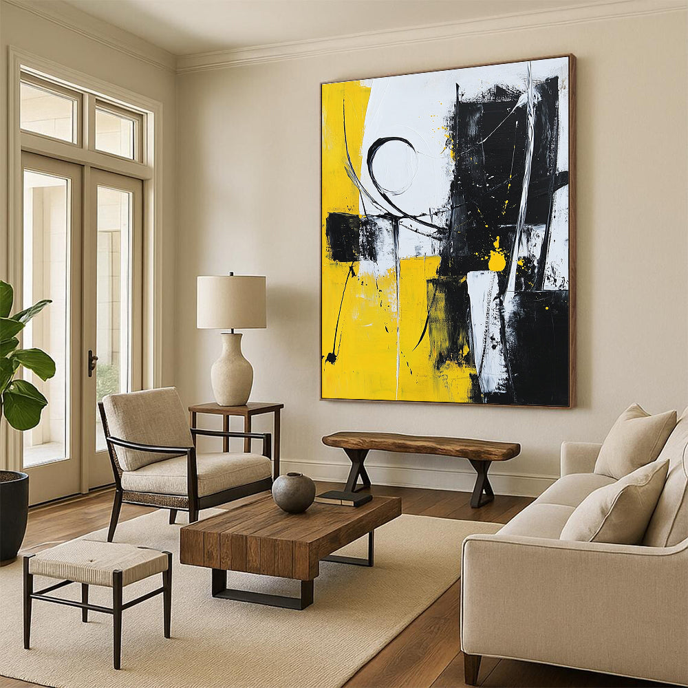 Yellow Black White Abstract Painting with Dynamic Energy WINK511