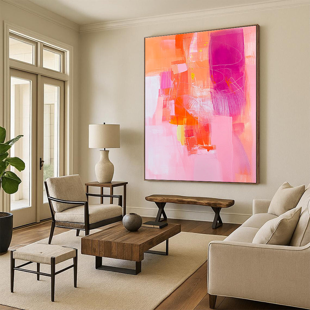 Vibrant Coral and Pink Abstract Painting with Energetic Joy WINK254