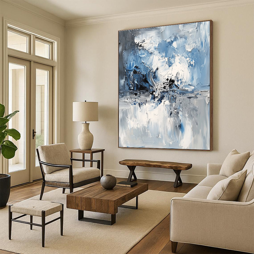 Textured Blue White Abstract Painting with Oceanic Depth WINK573