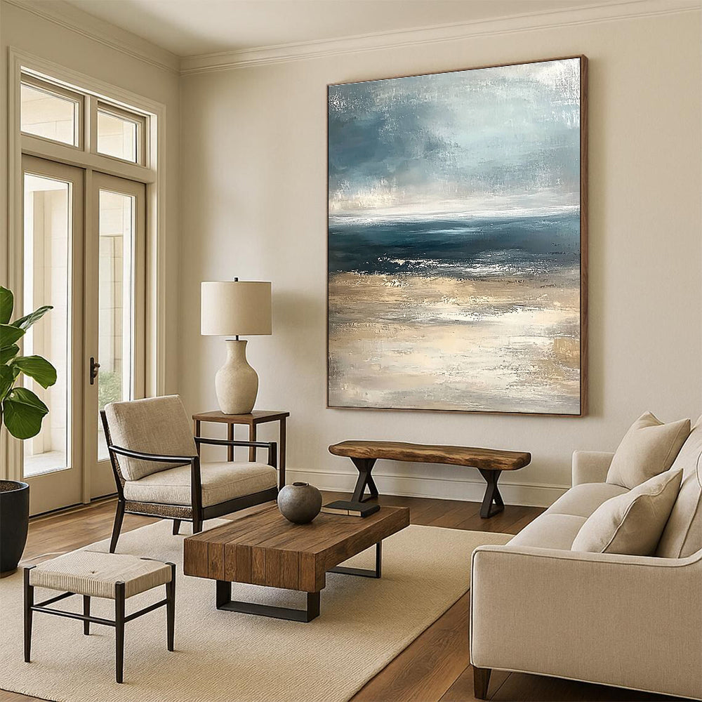 Textured Blue - Beige Sea Abstract Painting: Raw Coastal Charm for Gatherings GAB0959