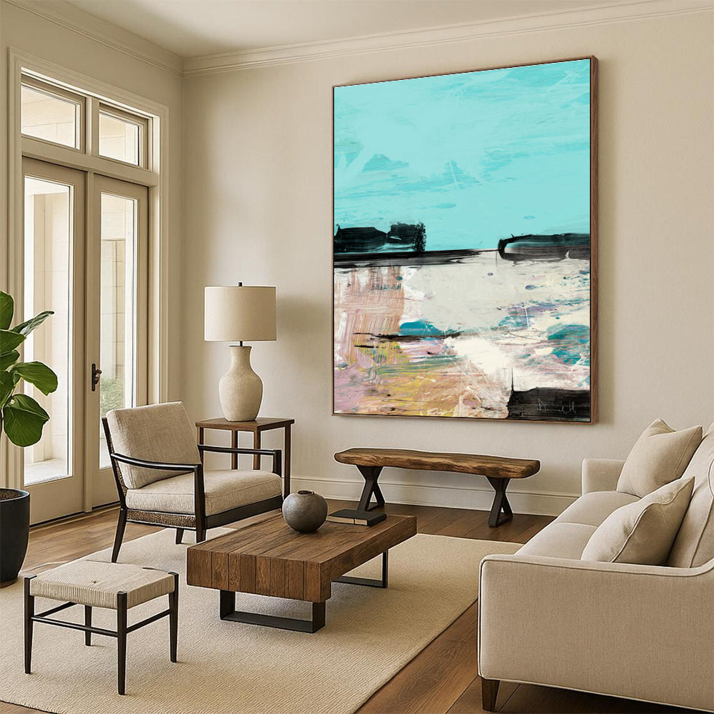 Turquoise - Toned Landscape Abstract Painting for Coastal - Inspired Cafés HENG197