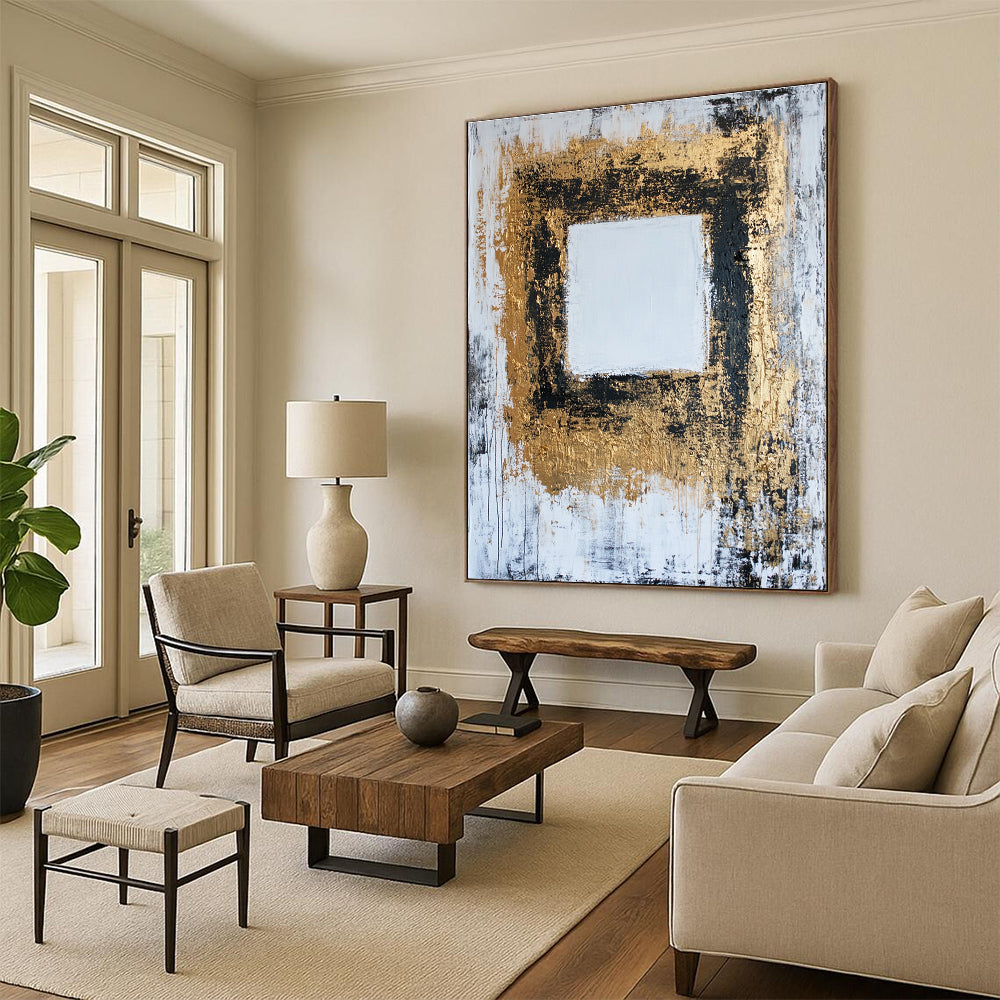 Gold - Framed Square Abstract Painting for Luxurious Living Rooms GAB0850