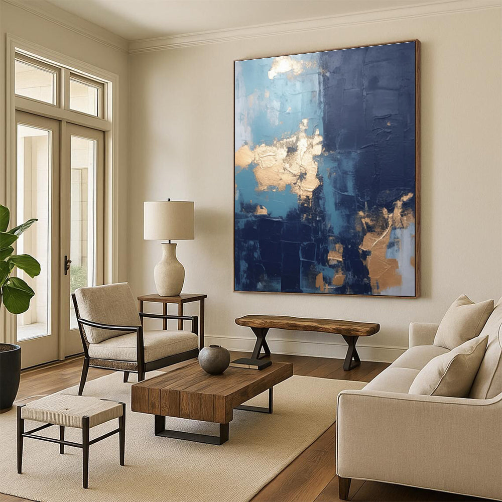 Blue - Gray - Gold Abstract Painting for Luxury Hotel Lobbies HENG130