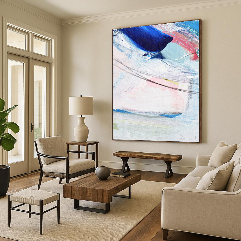 Blue - Pink Abstract with Lines Painting for Modern Living Rooms HENG150