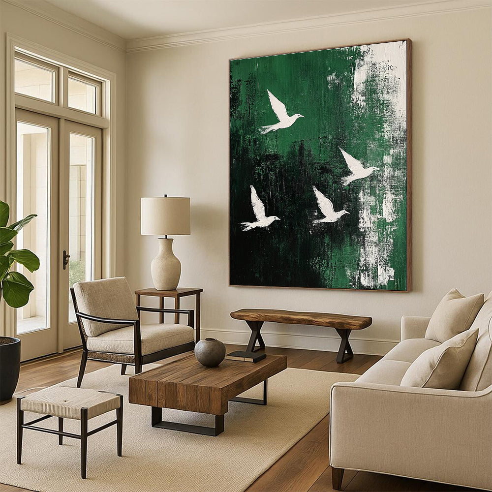 White Birds on Green Abstract Painting for Nature - Loving Cafes GAB0826