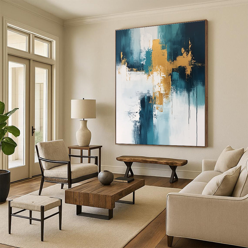 Teal and Gold Abstract Painting for Modern Beachfront Residences GAB0895