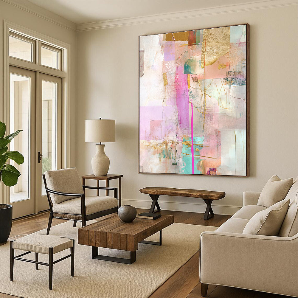 Pink and Gold Collage Abstract Painting with Lavish Softness WINK207
