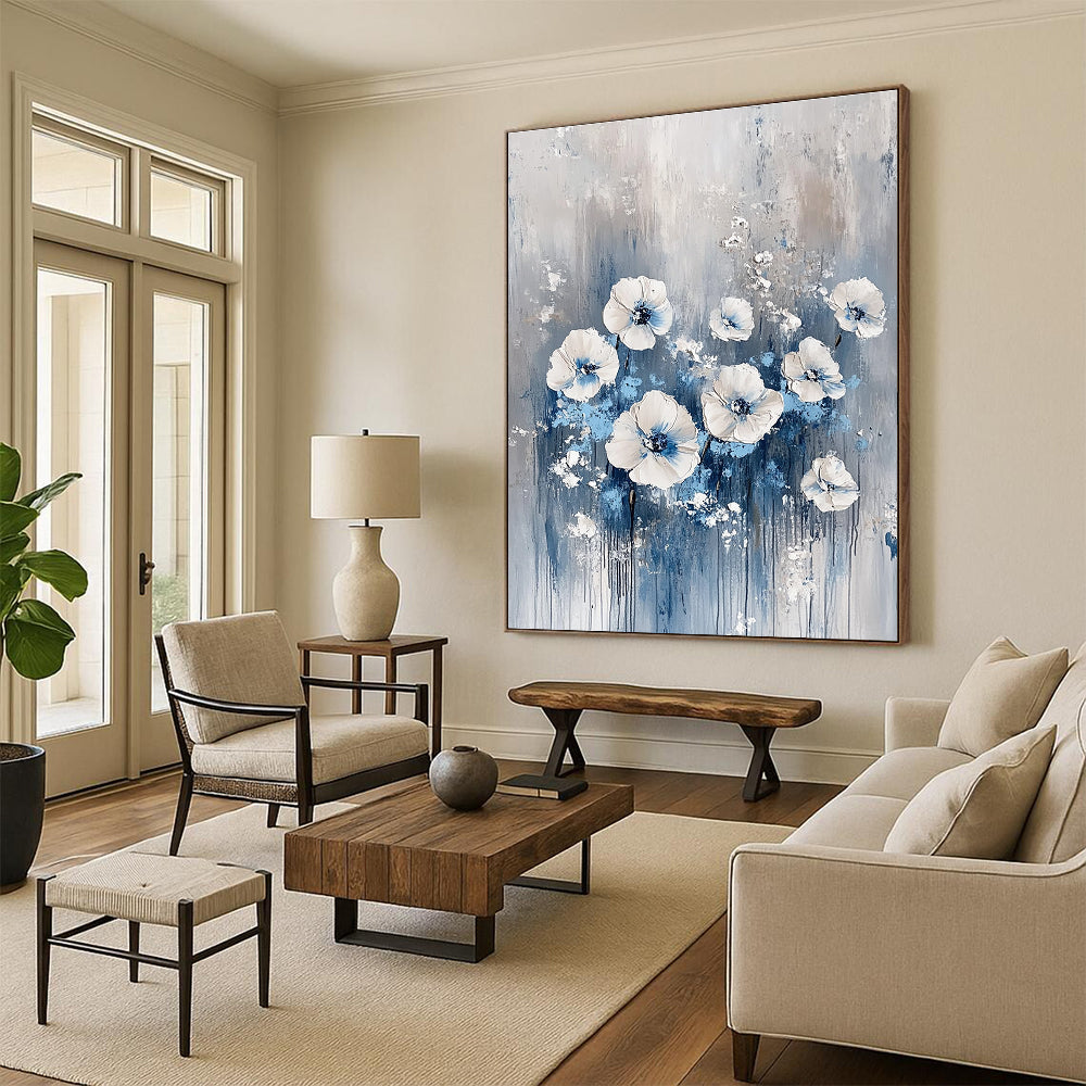White and Blue Floral Abstract - Textured Botanical Abstract Art GAB0466