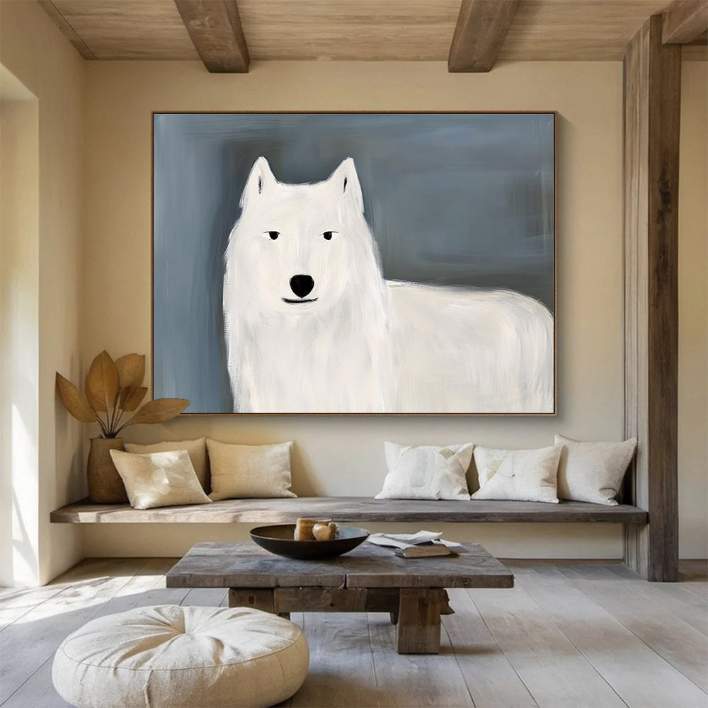Minimalist White Wolf: Gentle Presence in Simple Shapes Abstract Painting ABS163
