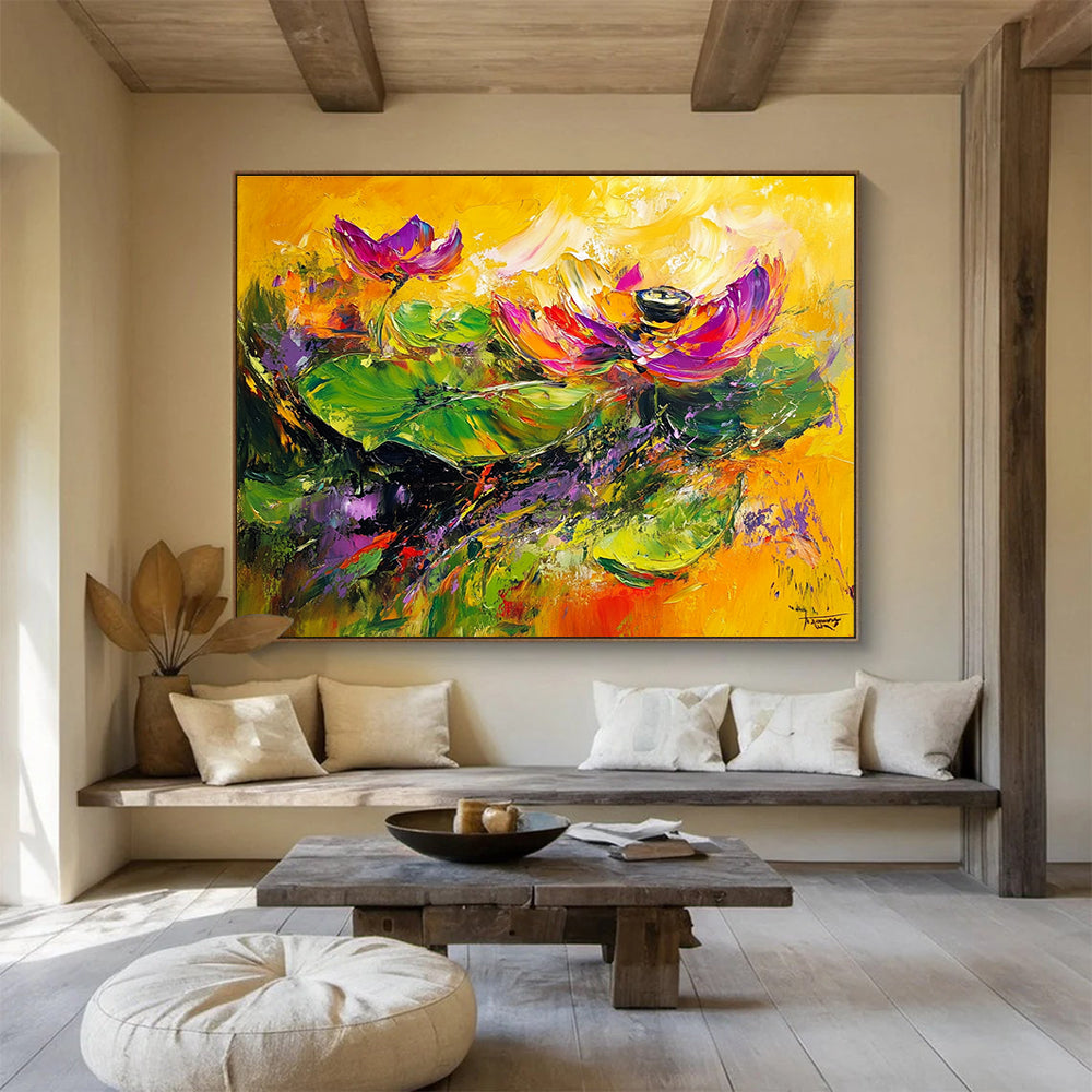 Vibrant Lotus Flowers with Expressive Brushstrokes Abstract Painting ABS354