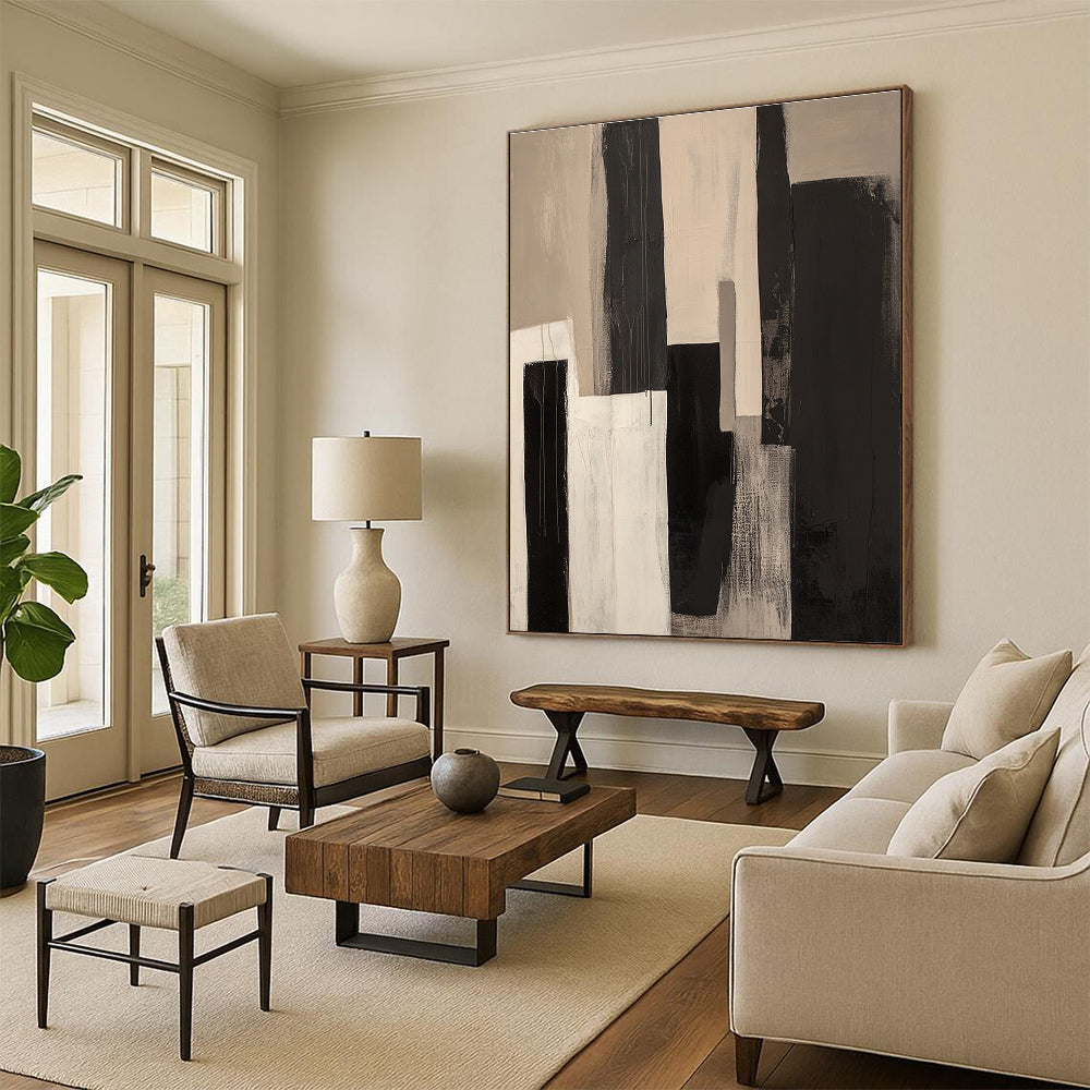 Black and White Vertical Abstract Painting with Stark Contrast WINK228