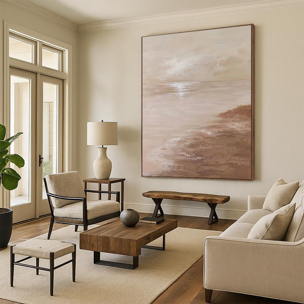 Serene Beige Seaside Landscape Abstract Painting for Coastal - Inspired Bedrooms HENG341
