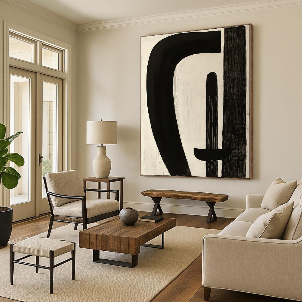 Black and White Curved Abstract Painting with Playful Shapes WINK246
