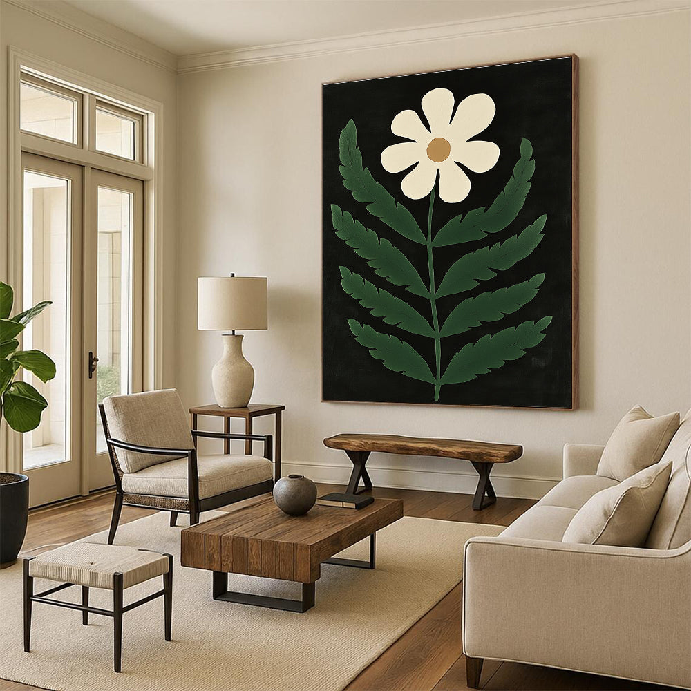 White Flower Minimalist Abstract Painting for Scandinavian - Style Bedrooms GAB1337