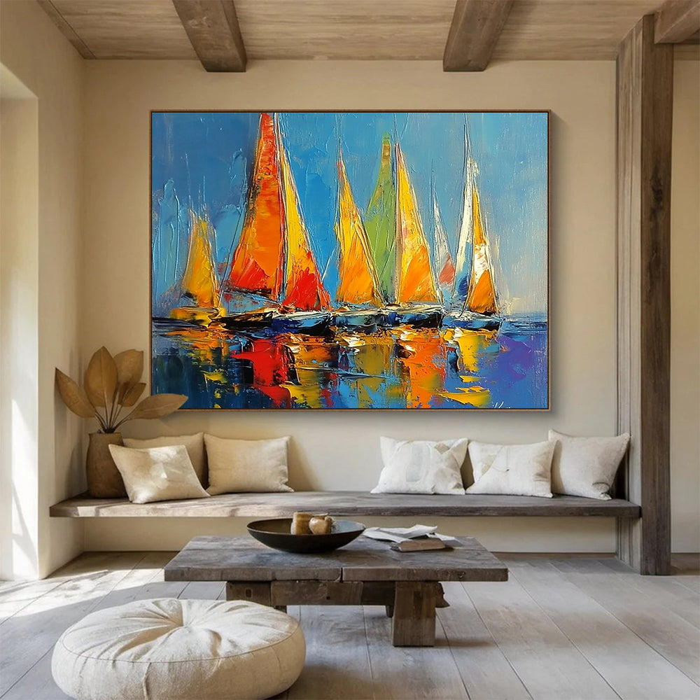 Colorful Sailboats Abstract Painting with Vibrant Maritime Energy ABS433