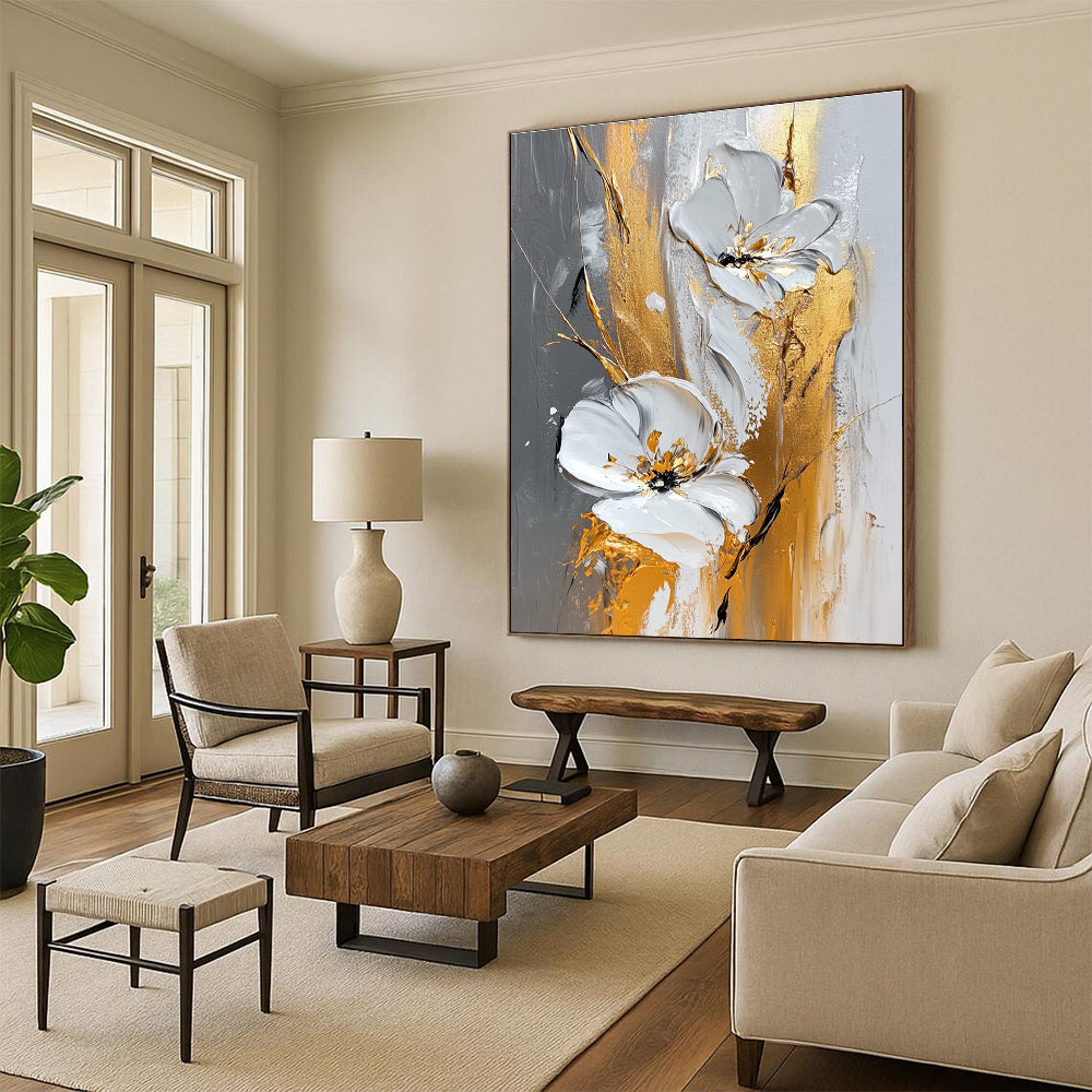 White Gold Floral Abstract Painting with Luxe Petals WINK603