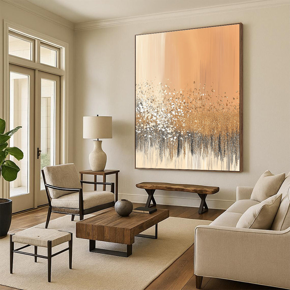 Golden Glitter on Peach Abstract Painting of Luxurious Sparkle GAB0114