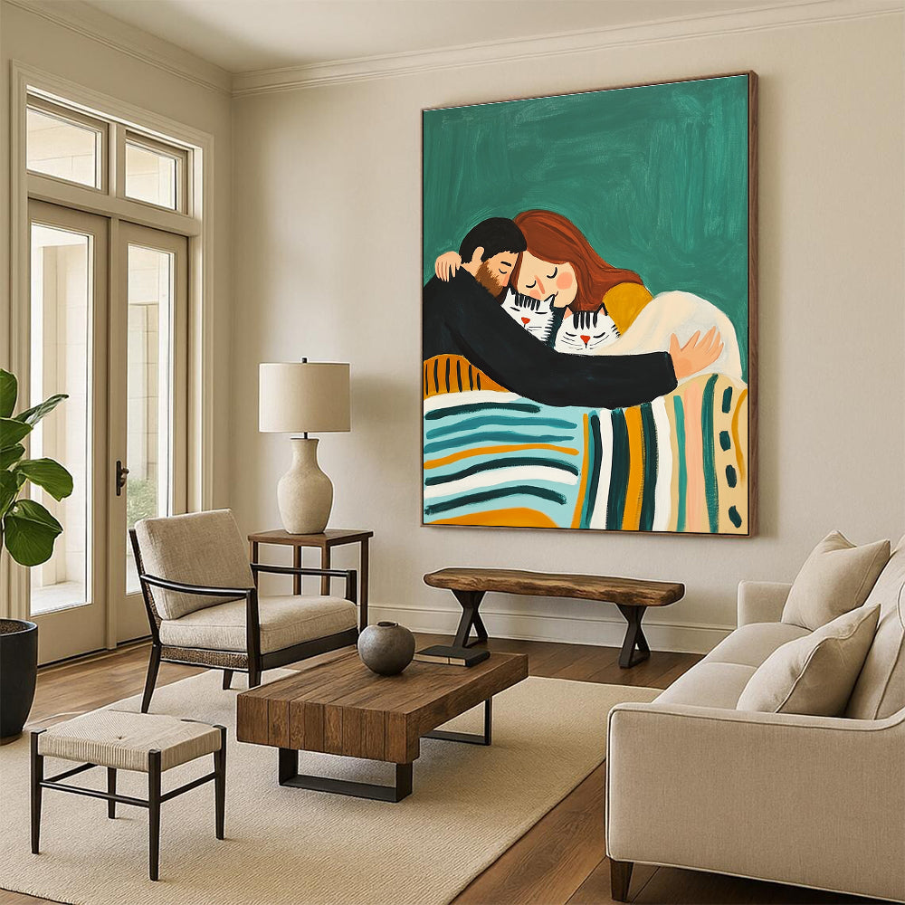 Cozy Family and Cats Painting with Heartwarming Charm GAB0106