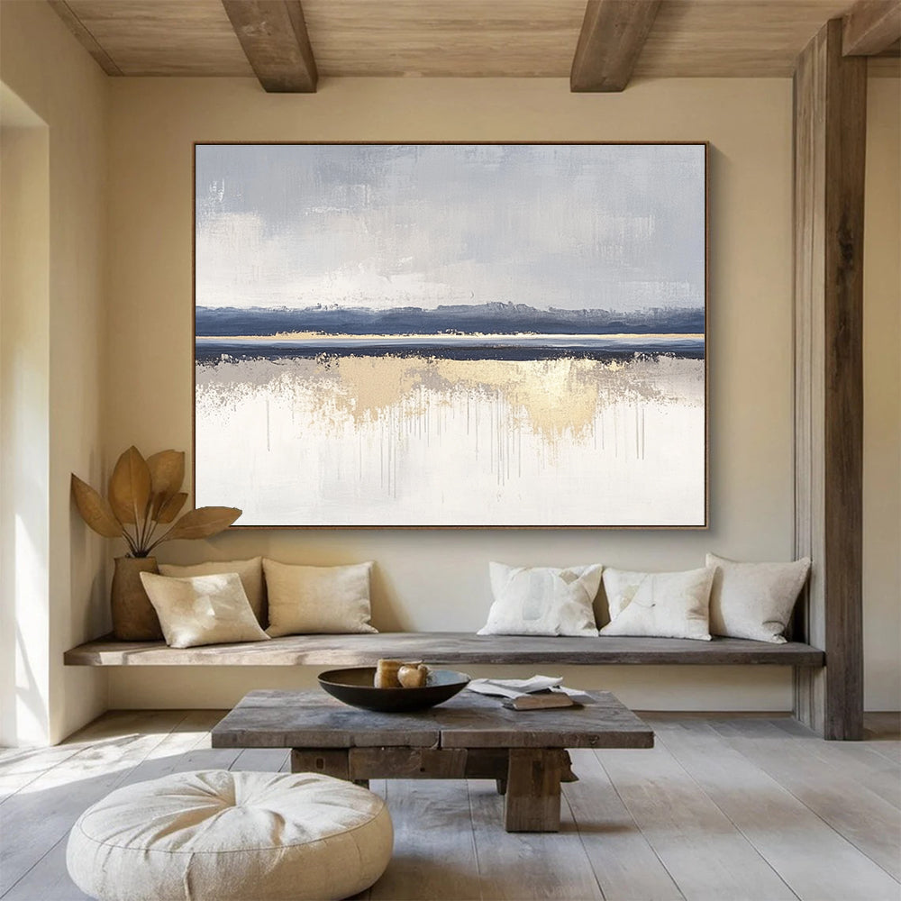 Minimalist Gray - Blue - Gold Abstract Landscape Painting ABS199