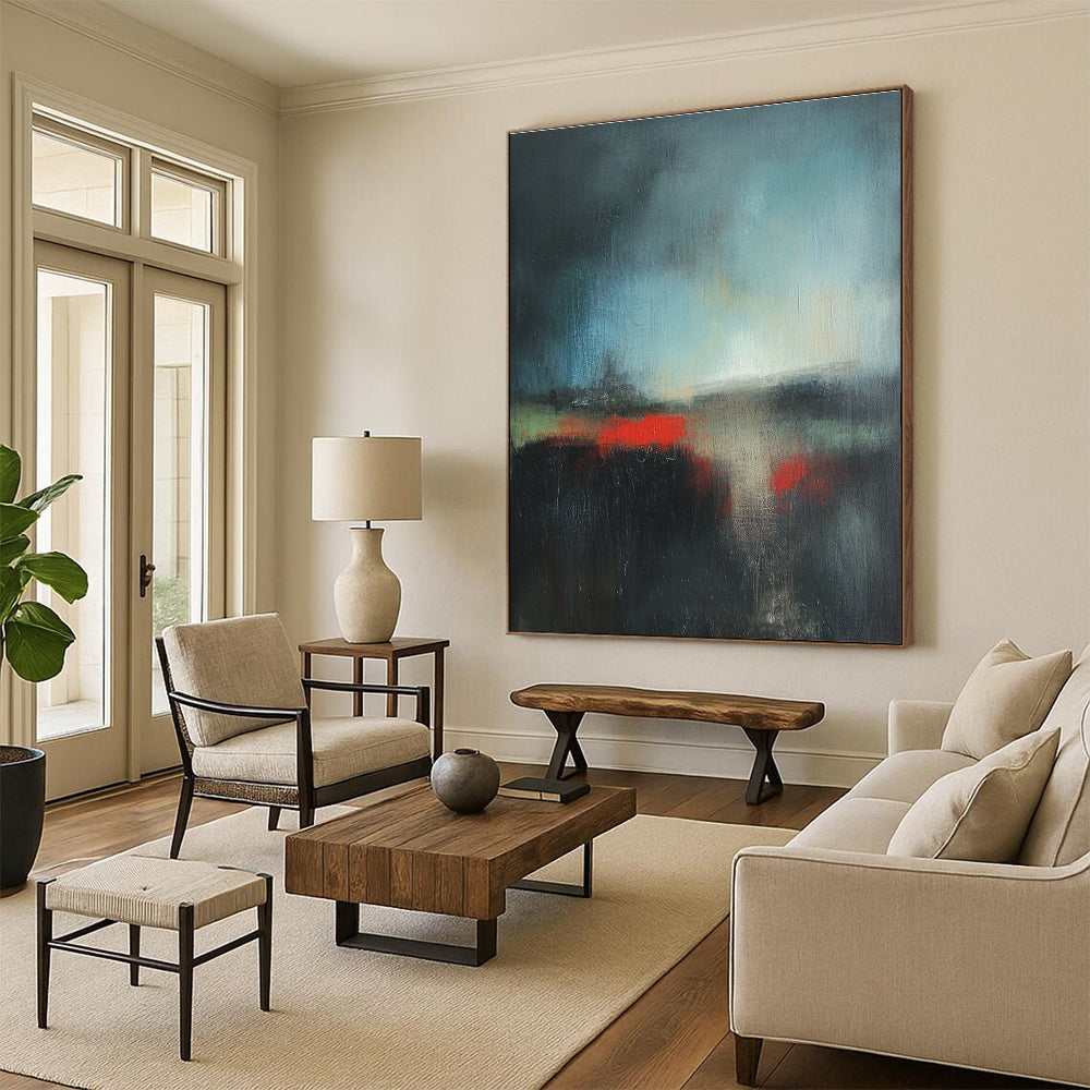 Dark Abstract Landscape with Red Accents Painting for Dramatic Home Theaters GAB1166