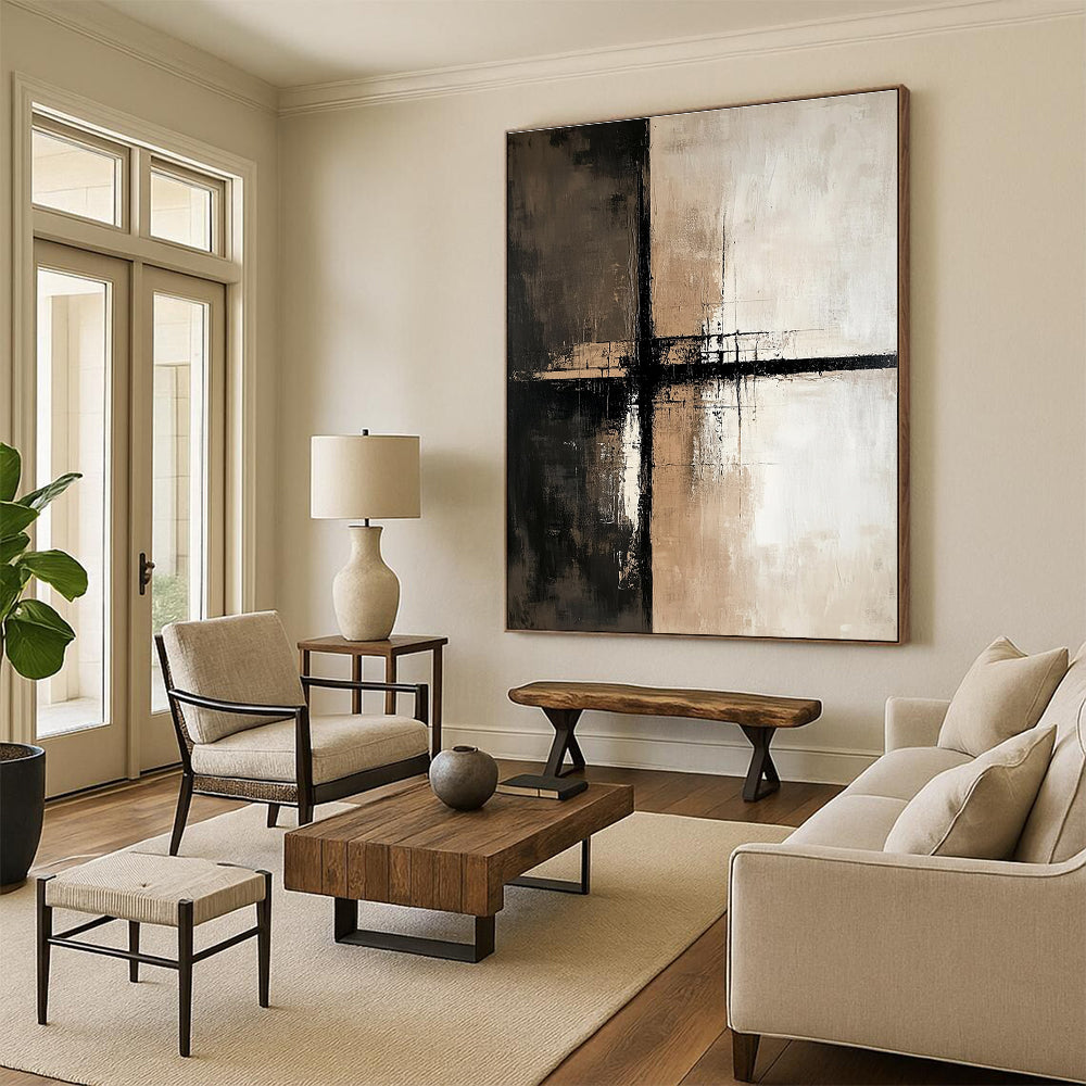 Textured Brown and Black Cross Abstract Painting for Modern Interiors GAB0680