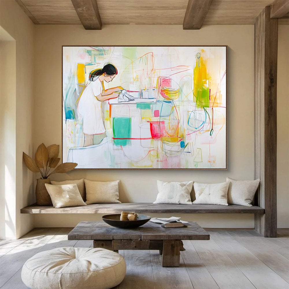 Woman at Work in Colorful Kitchen with Expressive Lines Abstract Painting ABS325