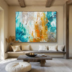 Teal - Gold - Orange Abstract Painting for Coastal Art Galleries YHT382