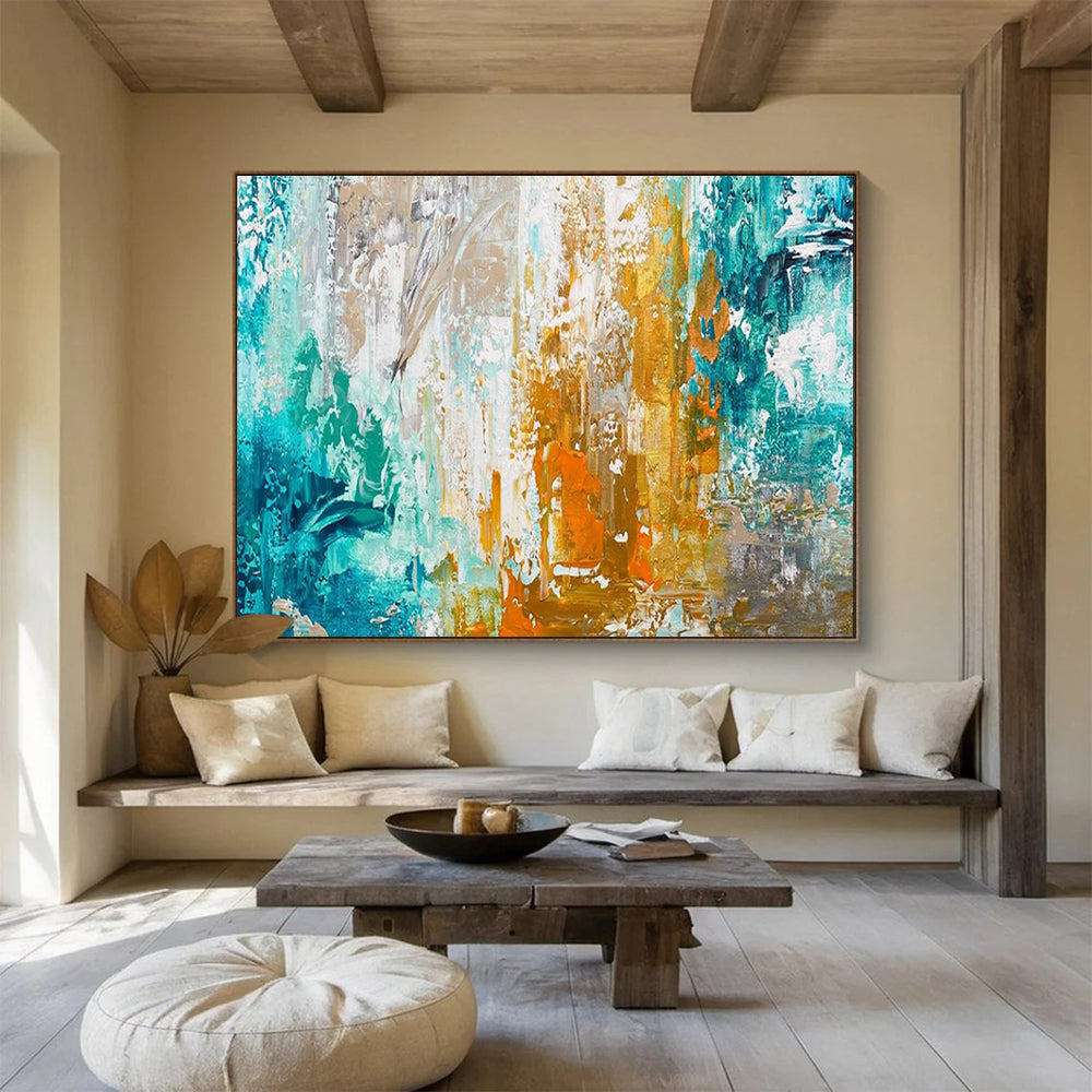 Teal - Gold - Orange Abstract Painting for Coastal Art Galleries YHT382