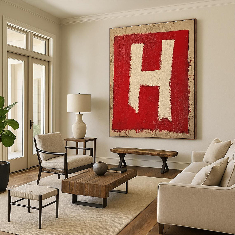 Red and White H Bold Graphic Abstract Painting GAB0324