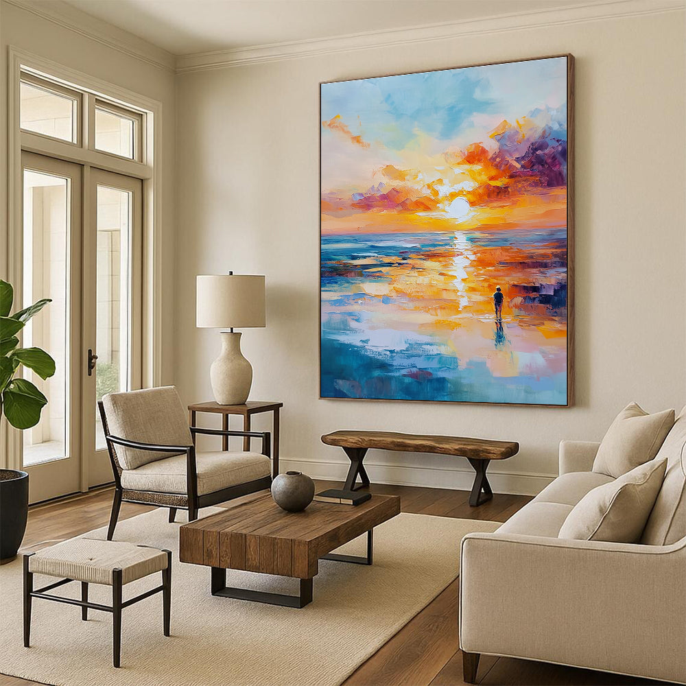 Solitary Figure Sunset Abstract Painting with Emotional Depth GAB0011