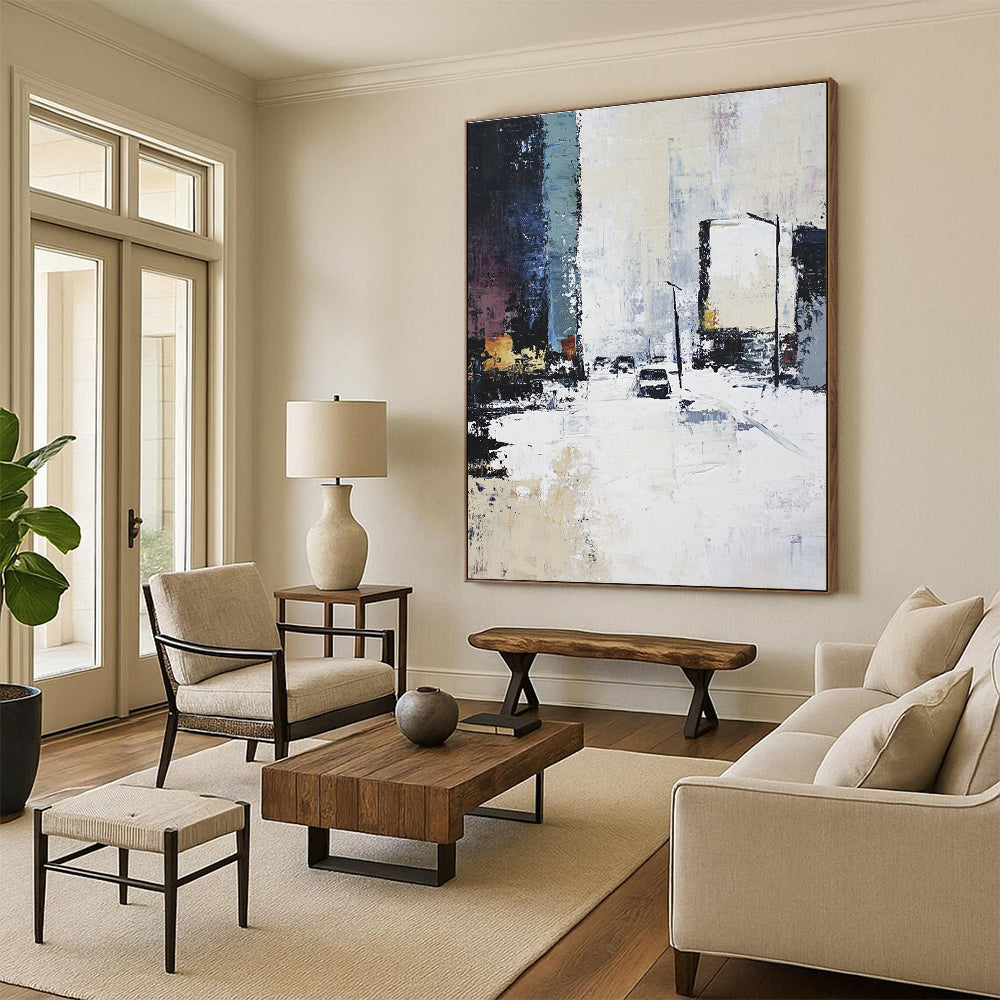 Snowy Urban Street - Winter Cityscape Abstract Painting GAB0572