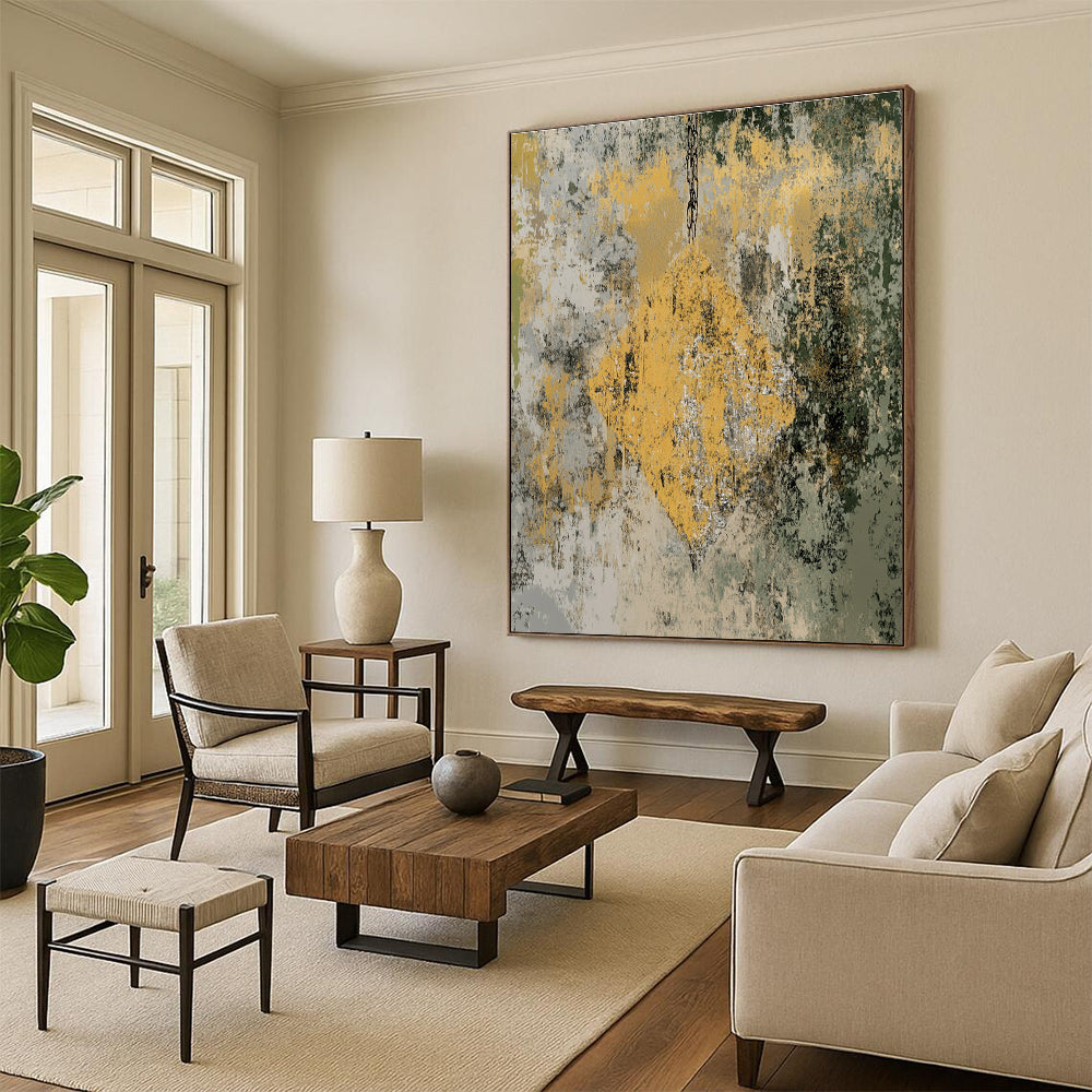 Textured Yellow and Green Abstract Painting with Rustic Vibe WINK303