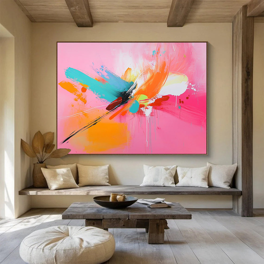 Pink - based Color Burst with Dynamic Brushstrokes Abstract Painting ABS381