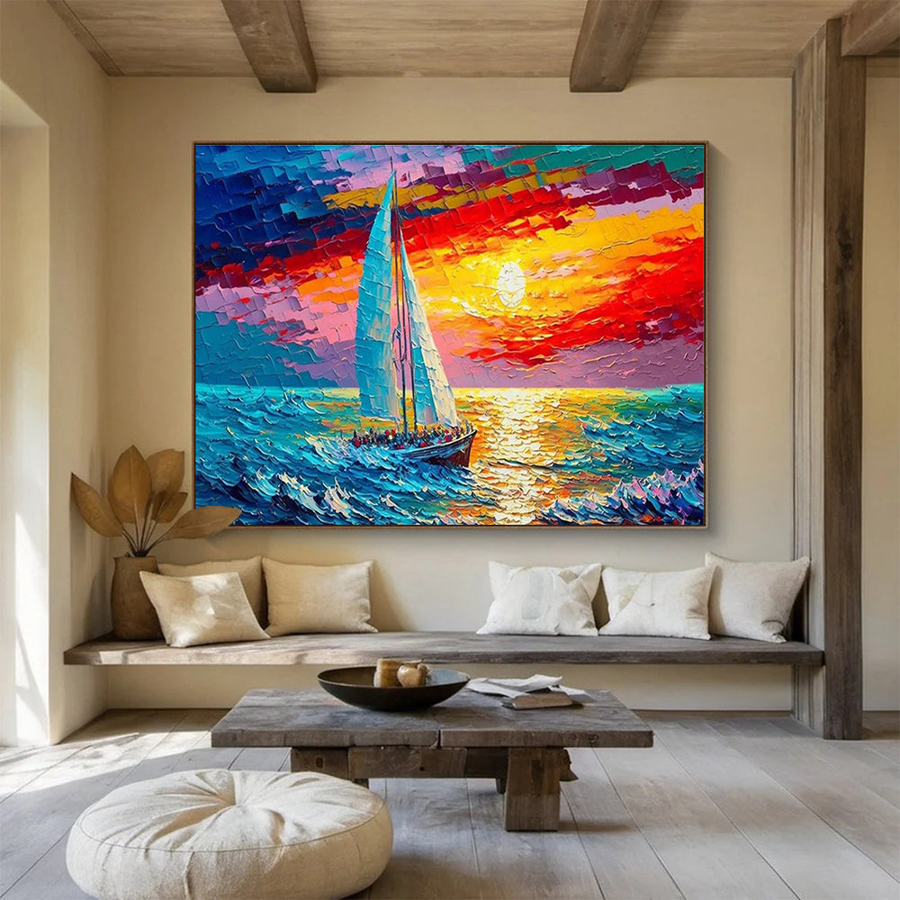 Sailboat at Sunset Abstract Painting for Nautical - Themed Living Rooms YHT312