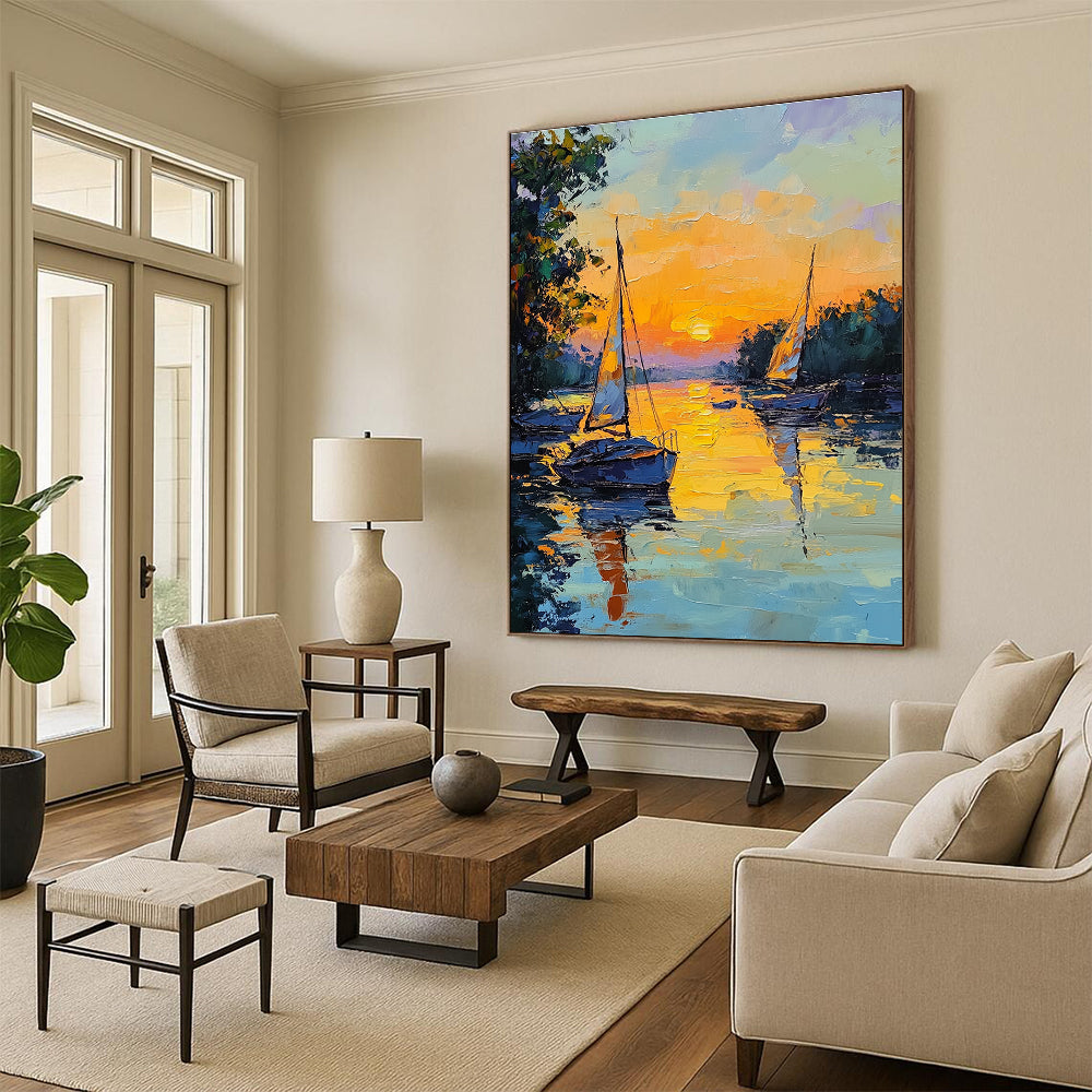 Sunset Sailboats on River Impressionistic Abstract Painting for Relaxing Spaces GAB1463