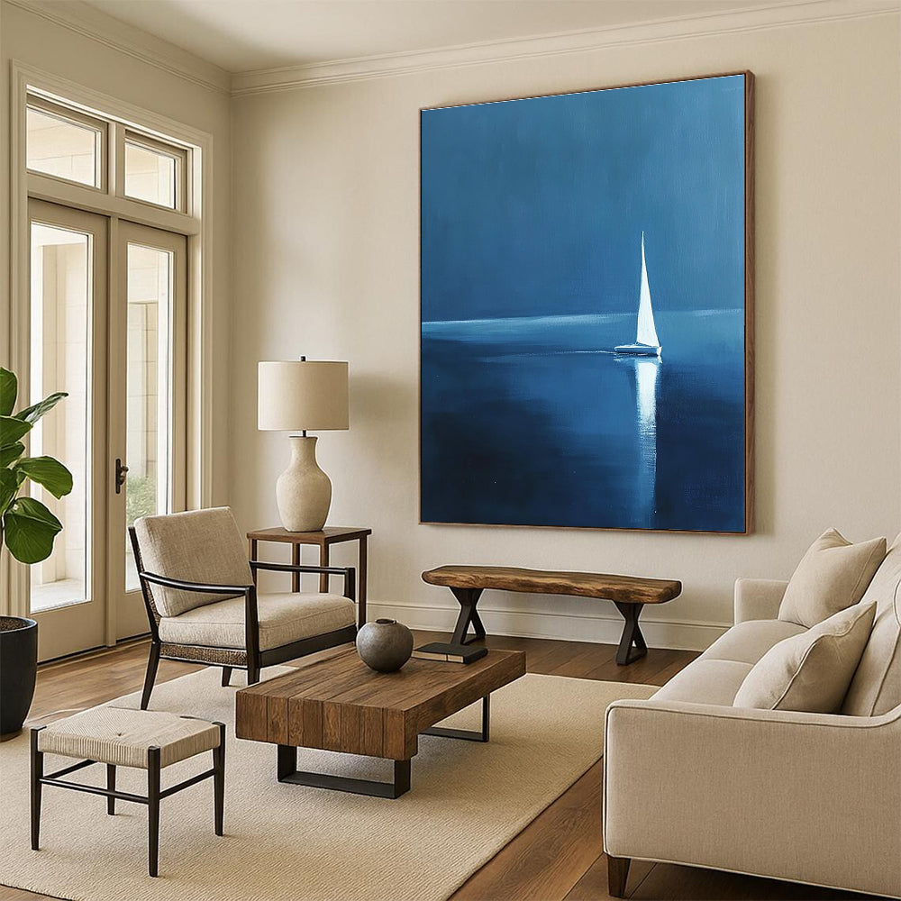 White Sailboat at Night Serene Maritime Abstract Painting GAB0223