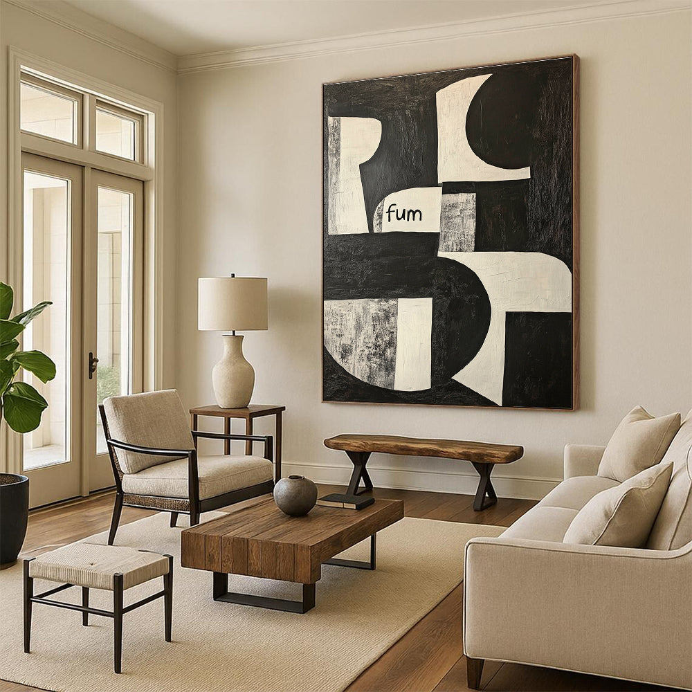 Black and White Shapes with “fum” Conceptual Graphic Abstract Painting GAB0275