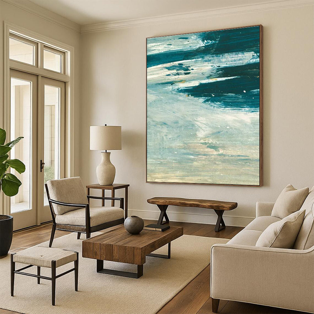 Textured Blue - Green Abstract Painting for Coastal - Inspired Home Offices HENG176