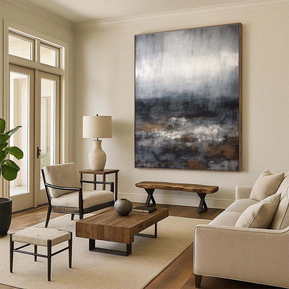 Gray Toned Abstract Landscape with Hints of Brown Painting for Serene Home Offices HENG368