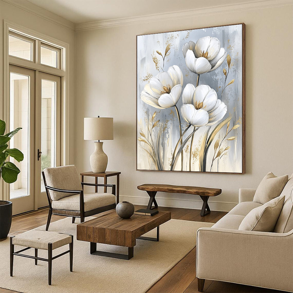 White Tulips with Gold Chic Abstract Painting for Modern Living GAB1526