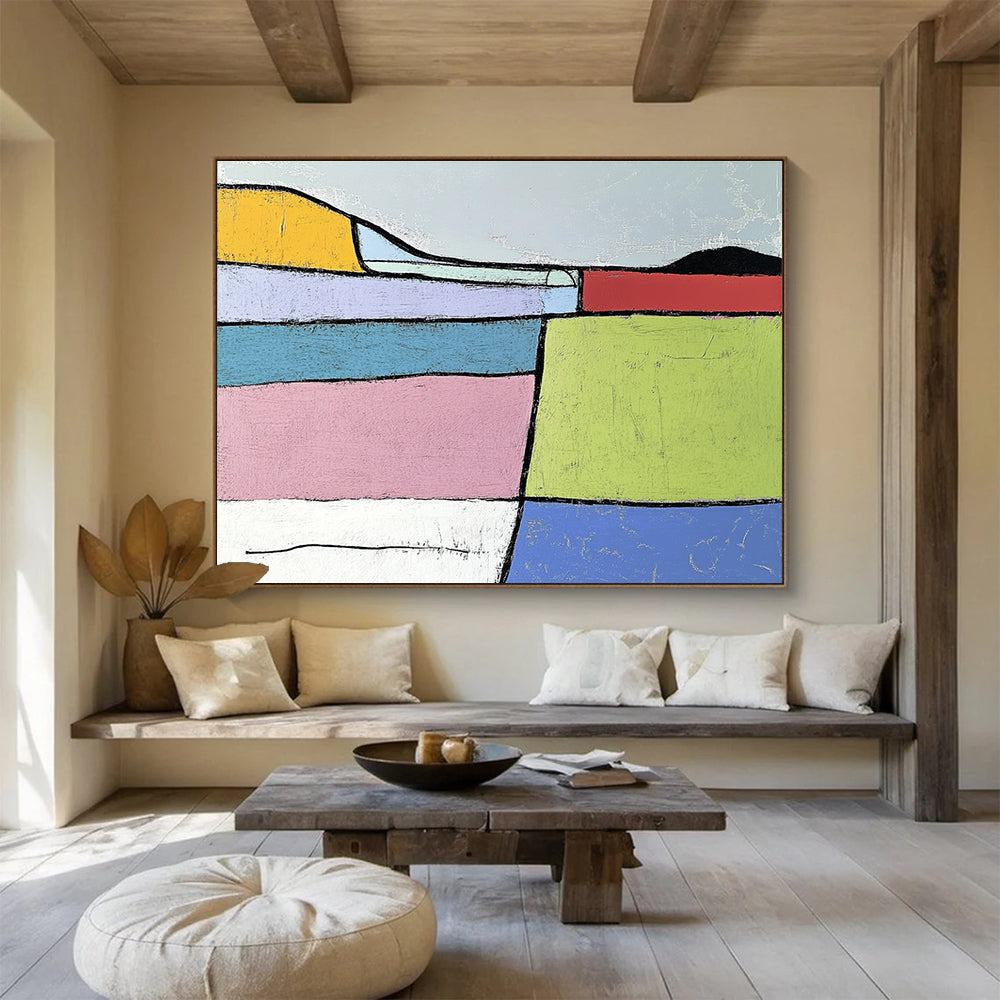 Geometric Color - Blocked Landscape Abstract Painting with Bold Outlines ABS222