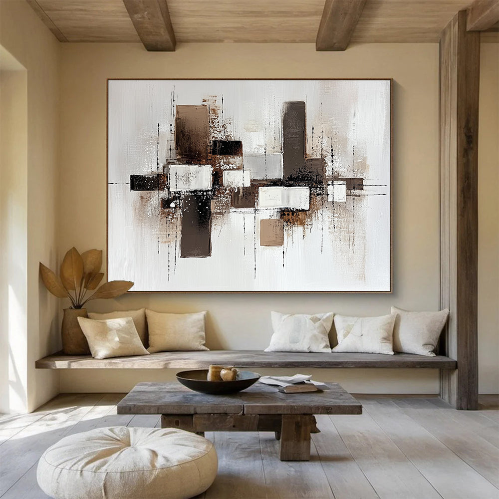 Brown and White Geometric Abstract with Textured Splatters Abstract Painting ABS372