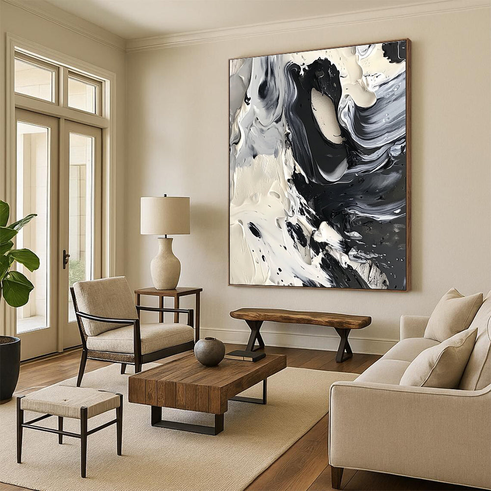 Black and White Swirl Abstract Painting for Minimalist Home Studies GAB1314