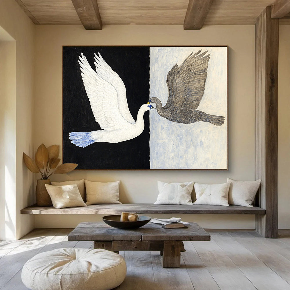 Symbolic Black - White Swans Art Exploring Duality and Harmony in Nature Abstract Painting ABS149