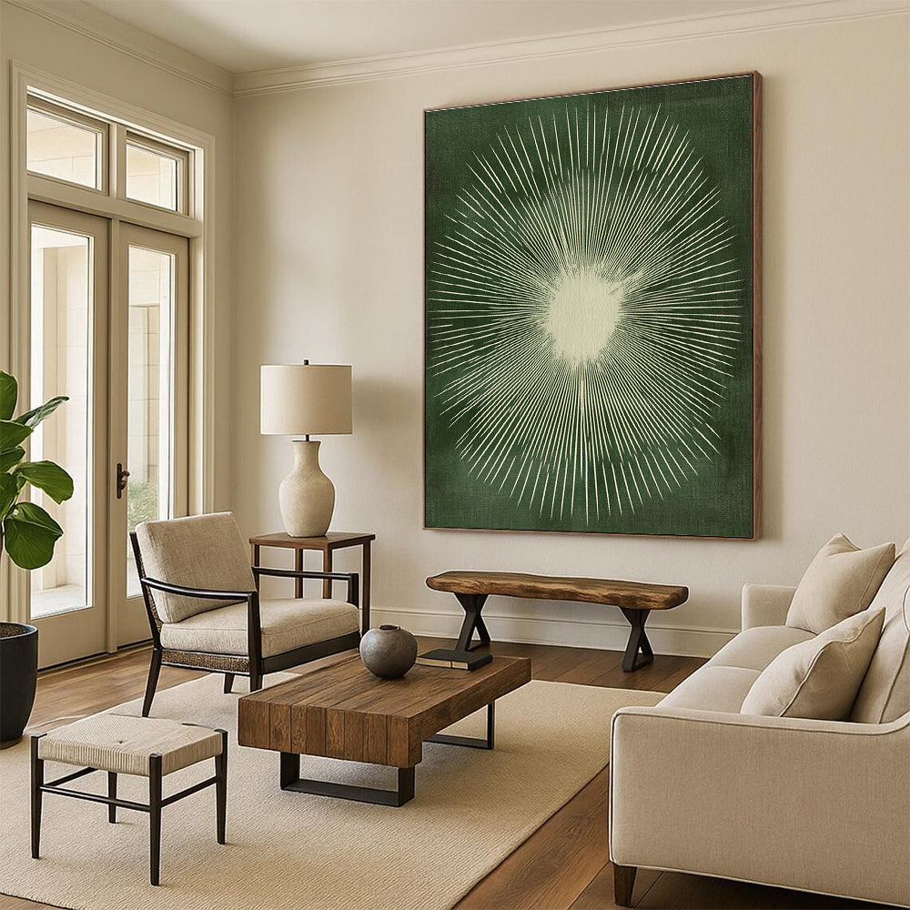 Green Sunburst Design Abstract Painting with Radiant Symmetry WINK267