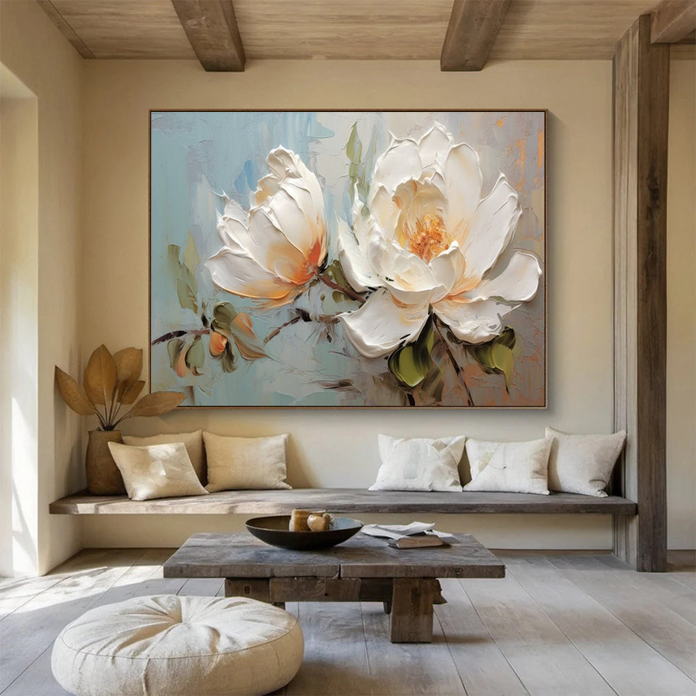 White Peony Abstract Painting for Sophisticated Bedrooms YHT174