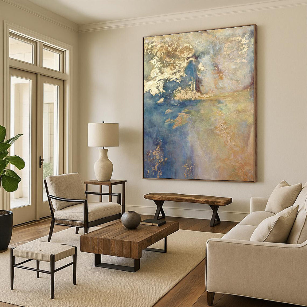 Blue and Gold Abstract Landscape Painting for Elegant Dining Rooms HENG518