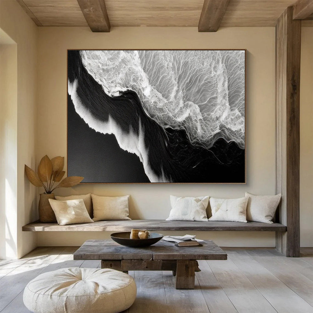 Black - White Wave Abstract Painting for Nautical - Themed Spaces YHT074