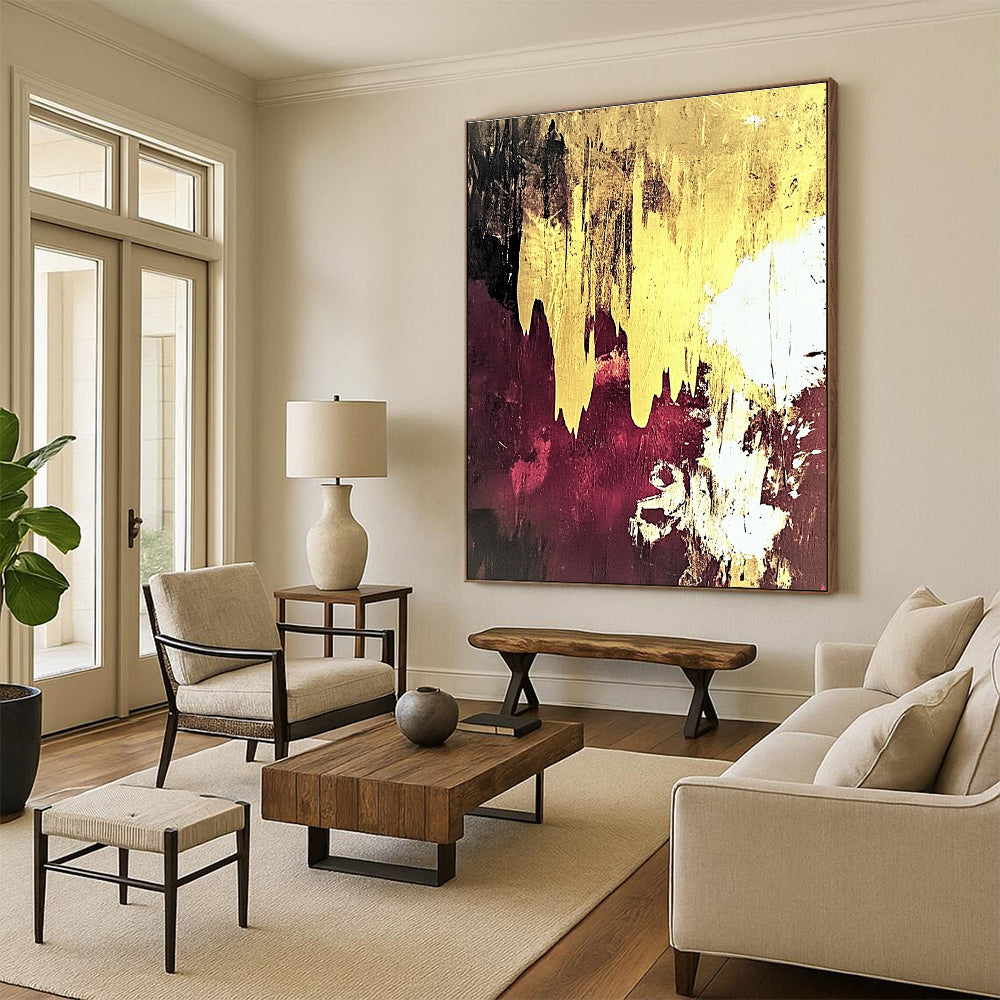 Gold Drip on Maroon Abstract Painting for Opulent Lounges GAB0764
